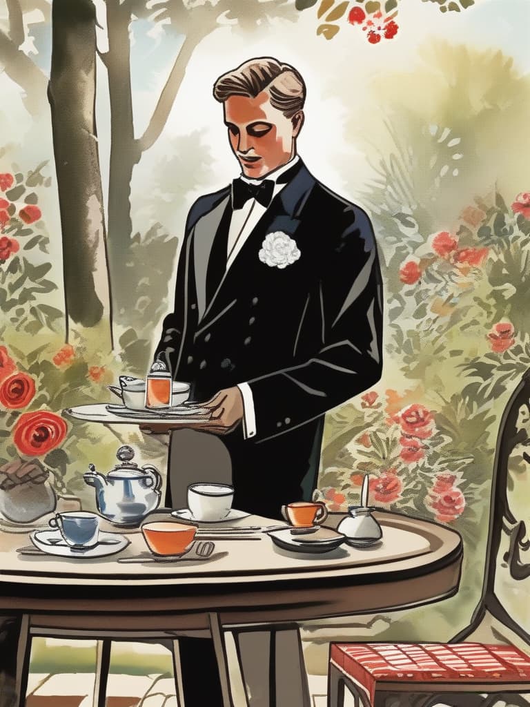  (male butler in tuxedo: 1.4),garden with roses in bloom,garden table,tea set,(male butler serving),