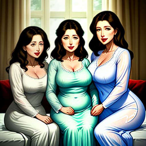  a mother with a huge bust and two sisters are lying . the sisters in transparent pajamas their mother on the lips with their tongue. the second sister holds her mother’s in her hands and s it. mom has a cute face, plump lips.