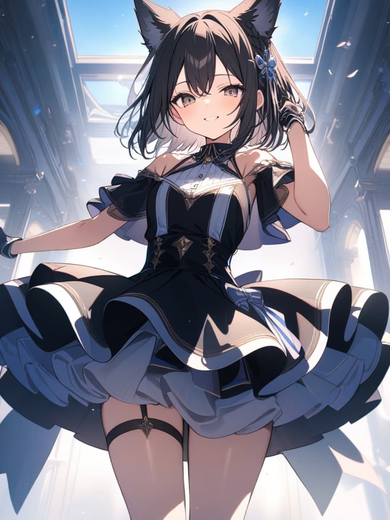  black hair, short hair, smile, cute, gradation, braid ears, first blue, fox ears, whole body, virtual, vocaloid, idol, masterpiece, best quality,8k,ultra detailed,high resolution,an extremely delicate and beautiful,hyper detail