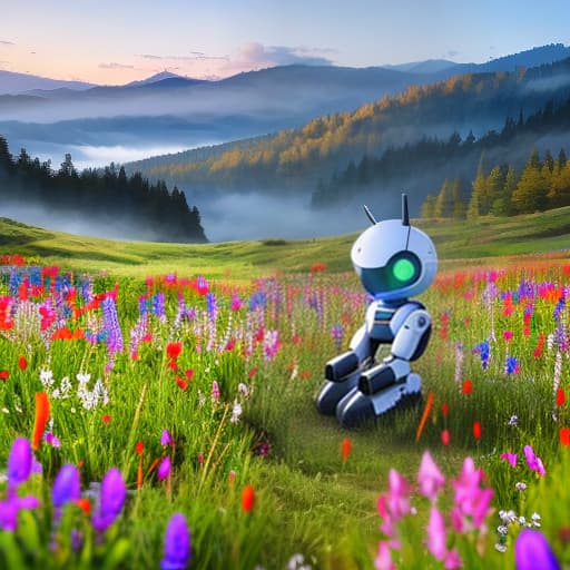  A solitary robot sitting in a field of wildflowers at sunset. Apply the Following Styles 3Drenderer hyperrealistic, full body, detailed clothing, highly detailed, cinematic lighting, stunningly beautiful, intricate, sharp focus, f/1. 8, 85mm, (centered image composition), (professionally color graded), ((bright soft diffused light)), volumetric fog, trending on instagram, trending on tumblr, HDR 4K, 8K