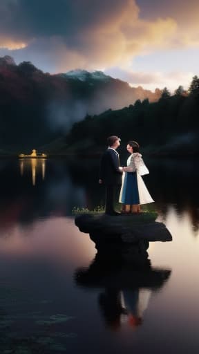 A butiful garden near by a lake. there standing one couples, hyperrealistic, high quality, highly detailed, cinematic lighting, intricate, sharp focus, f/1. 8, 85mm, (centered image composition), (professionally color graded), ((bright soft diffused light)), volumetric fog, trending on instagram, HDR 4K, 8K