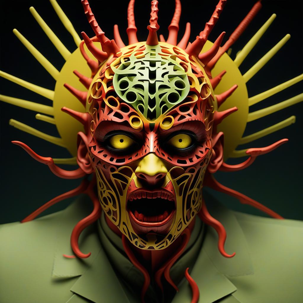  stacked papercut art of beautiful demon hellraiser looks scary prickly red watch in yellow smoke and green sparks suction cups tentacles eyes all lower jaw sting tentacles claws and a terrible moan in red smoke лавкрафта в мантии священника в липкой блестящей слизи пригнулось в туман и свет желтых огней дым красные искры шипы ужас щупальца лавкрафта некрономикон и кольца жижи крылья . 3d, layered, dimensional, depth, precision cut, stacked layers, papercut, high contrast