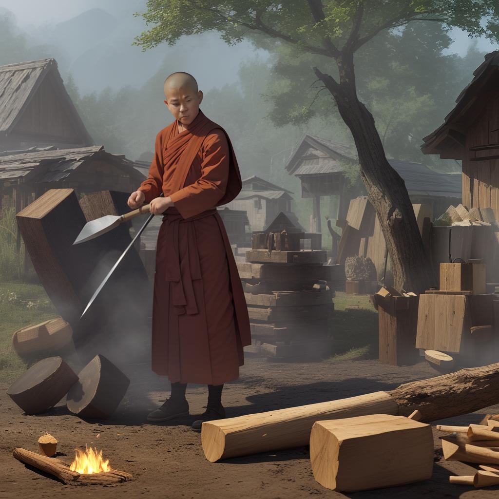  masterpiece, best quality, little monk chopping wood ,