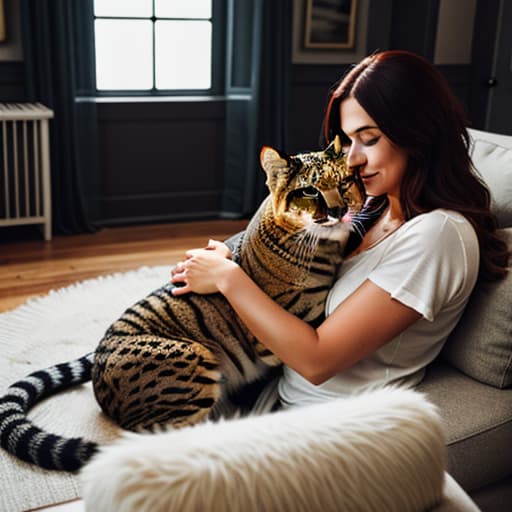  a big cat hugs a cute girl in the living room,pokemon hyperrealistic, full body, detailed clothing, highly detailed, cinematic lighting, stunningly beautiful, intricate, sharp focus, f/1. 8, 85mm, (centered image composition), (professionally color graded), ((bright soft diffused light)), volumetric fog, trending on instagram, trending on tumblr, HDR 4K, 8K