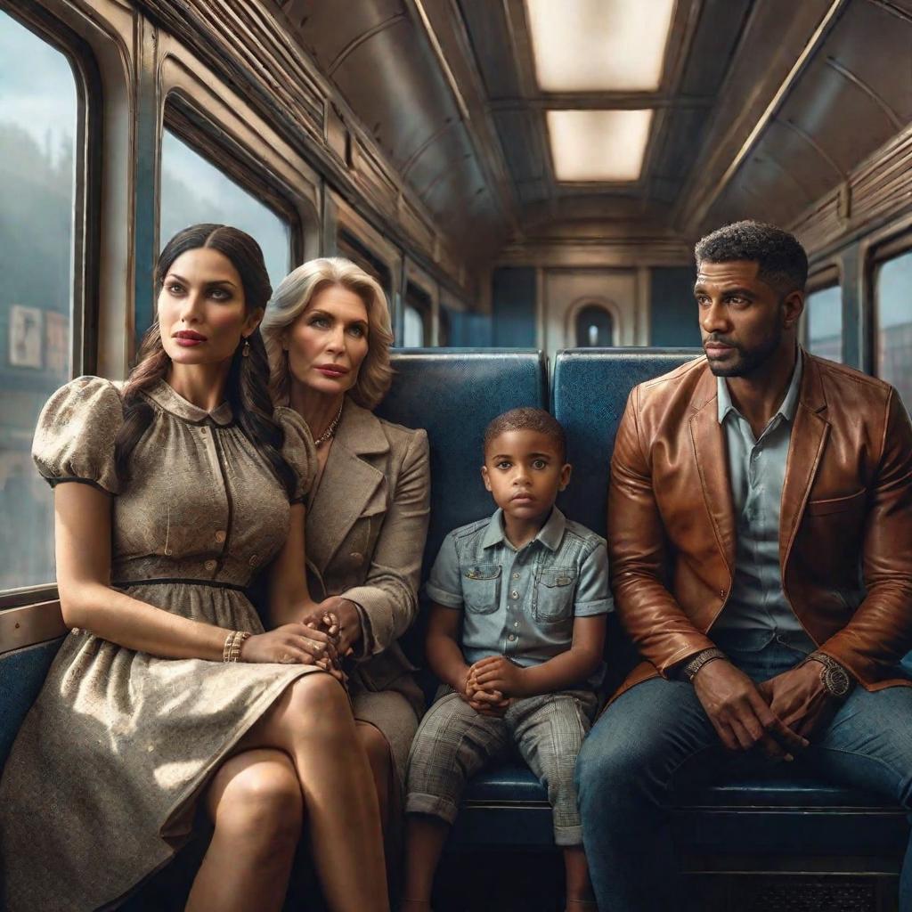  a family siting on a train hyperrealistic, full body, detailed clothing, highly detailed, cinematic lighting, stunningly beautiful, intricate, sharp focus, f/1. 8, 85mm, (centered image composition), (professionally color graded), ((bright soft diffused light)), volumetric fog, trending on instagram, trending on tumblr, HDR 4K, 8K