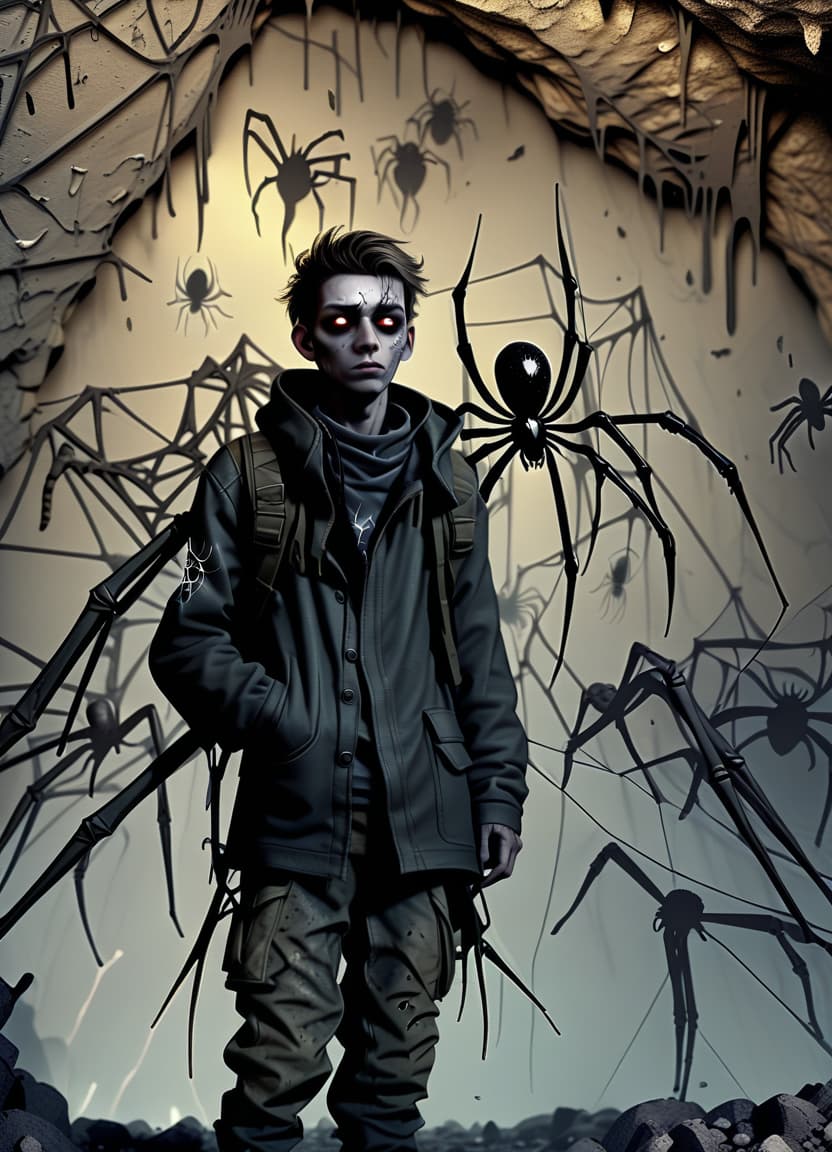  dystopian style make him a spider's body instead of his legs, and behind him a cave full of spiders and webs . bleak, post apocalyptic, somber, dramatic, highly detailed