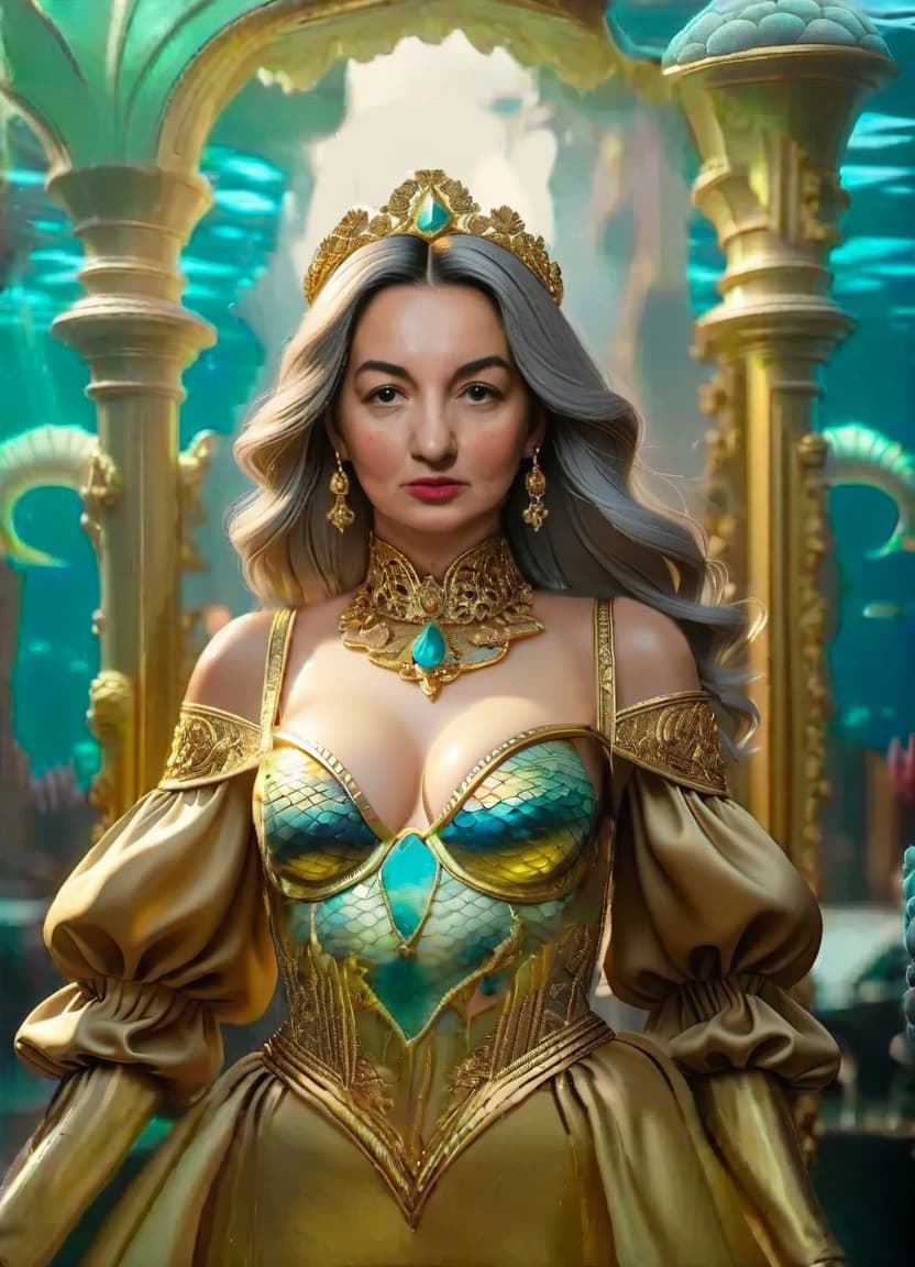  sea queen in scales and gold, with an underwater kingdom in the background, civitai