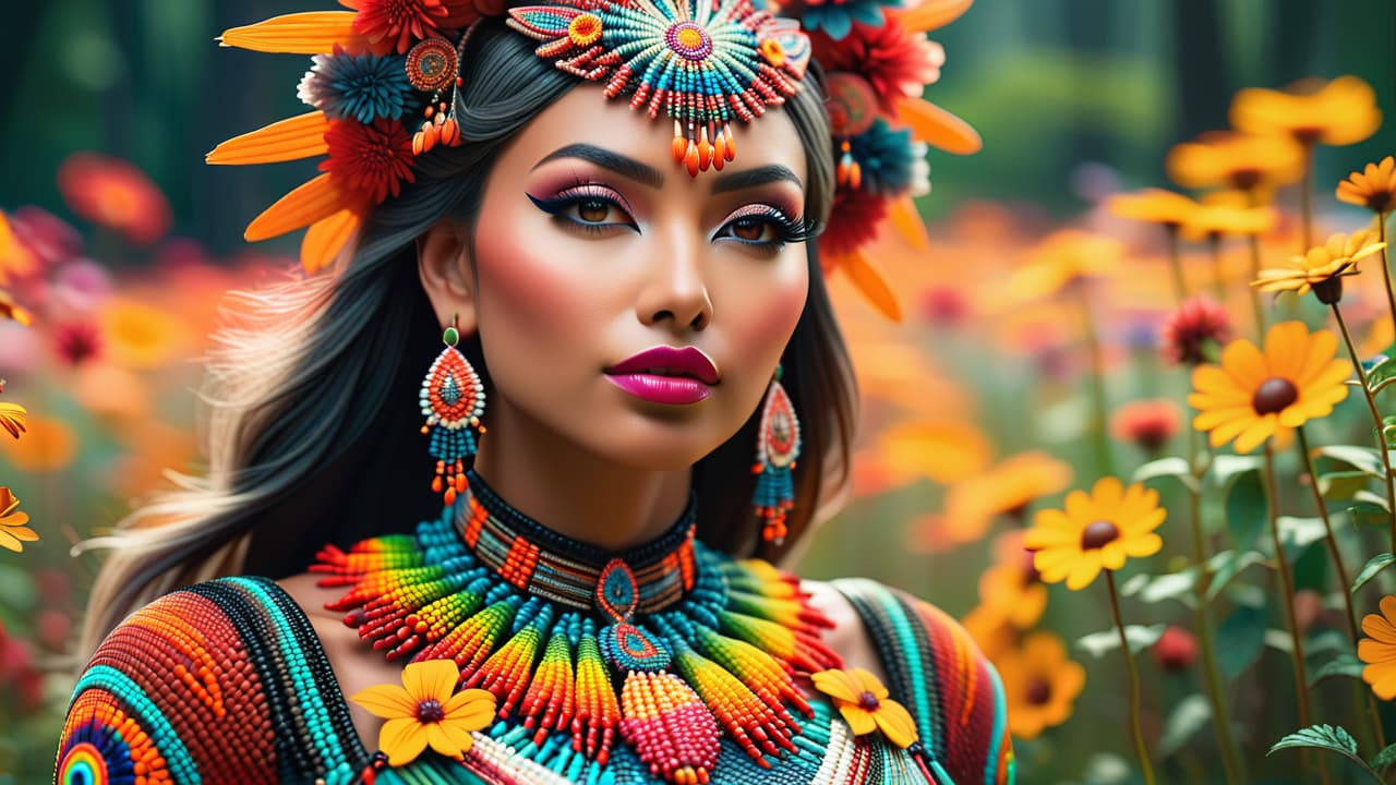  a vibrant close up of intricately designed indigenous beadwork, showcasing colorful patterns of flowers and animals, with glistening beads reflecting light, set against a natural backdrop of earthy tones and textures. hyperrealistic, full body, detailed clothing, highly detailed, cinematic lighting, stunningly beautiful, intricate, sharp focus, f/1. 8, 85mm, (centered image composition), (professionally color graded), ((bright soft diffused light)), volumetric fog, trending on instagram, trending on tumblr, HDR 4K, 8K