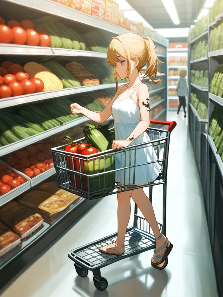  with tomatoes, blonde ponytails, white headphones, snakes on the legs, whole body, walking figure, girls on their arms, girls wearing white dresses, shopping carts, pressing shopping carts, gestures, shopping carts. is containing eggplant and celery, a small wing tattoo on the back, a tattoo on the upper arm, a snake tattoo on the thigh on the sigh., masterpiece, best quality,8k,ultra detailed,high resolution,an extremely delicate and beautiful,hyper detail