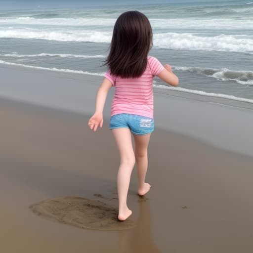  girl child wearing only shorts playing on beach