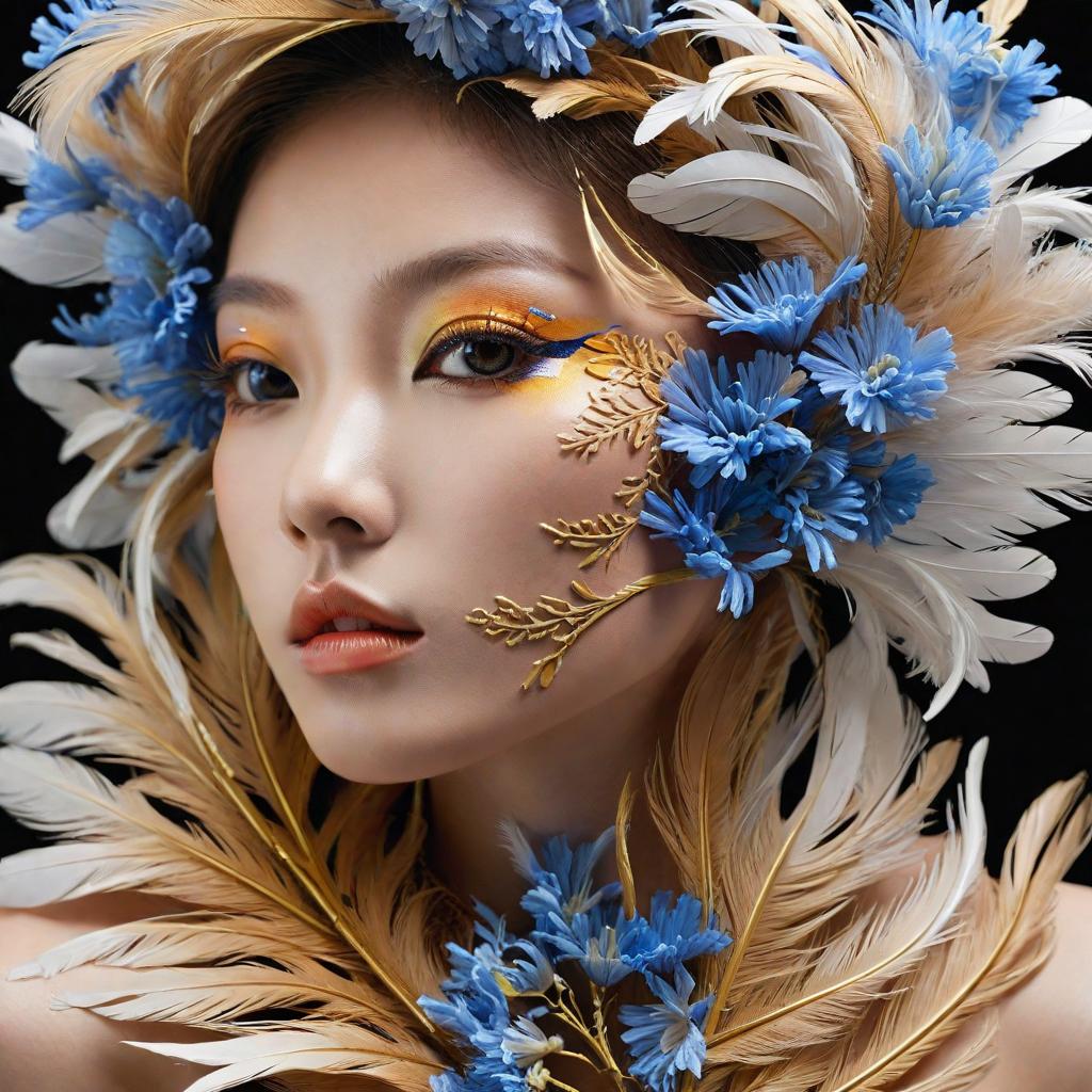 colorful phenex feathers| blue flowers | 1girl face,product introduction photo,popular Korean makeup,aegyo sal,an airbrush painting,(high quality:1.2),(best quality:1.2),(masterpiece:1.2),official art,official wallpaper,surreal,sharp focus,(intricate:1.03),(extremely intricate:1.04),(black background:1.1),wood