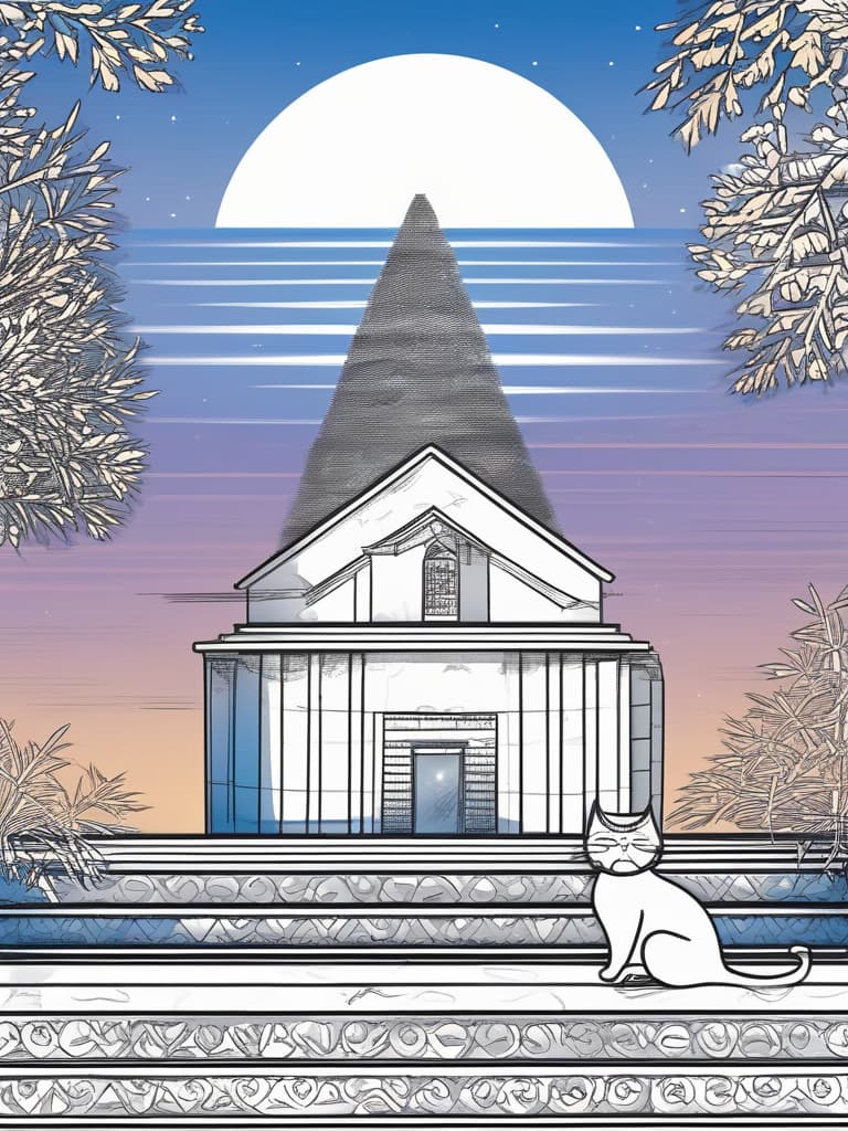  full moon, one cat, on the roof of the temple, sit down, look at the moon,