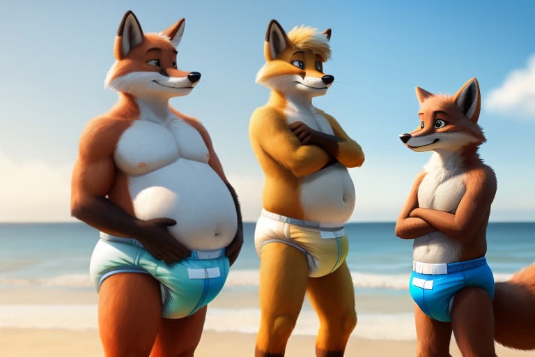  elderly male fox, grey muzzle, large belly, wearing a drooping diaper, standing on the beach, art style of anhes, open eyes, masterpiece, 4k, fine details,