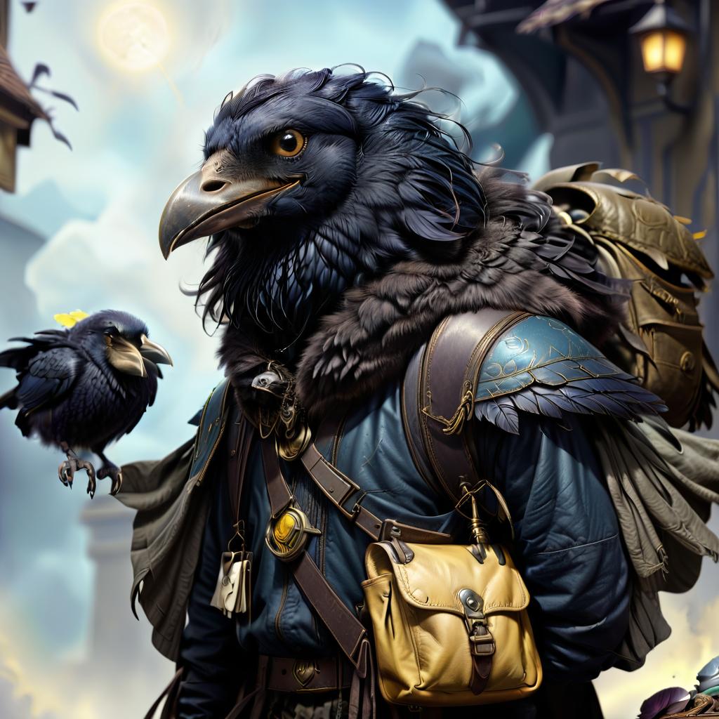  ethereal fantasy concept art of black with blue tint avian humanoid race with raven head alchemist, cape, mischievous yellow eyes, smiling, rags and leather cloak with lots of pockets, big backpack with pockets, bomb in bird hand . magnificent, celestial, ethereal, painterly, epic, majestic, magical, fantasy art, cover art, dreamy, civitai