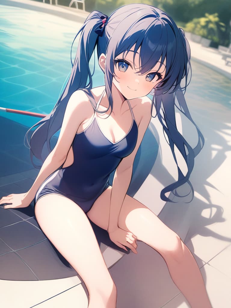  women's elementary students, twin tails, rich smiles, cute smiles, navy blue swimwear, old swimwear, swimwear, simple, male, shaped clear , shaped clear, clear stem, shaped crisp, male bulge,, front. the whole body, pool side,