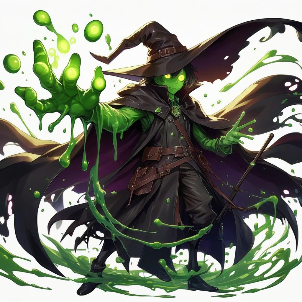  anime artwork dnd, man, green slime man, leather cloak, leather coat, witch hat, staff . anime style, key visual, vibrant, studio anime, highly detailed, hkmagic