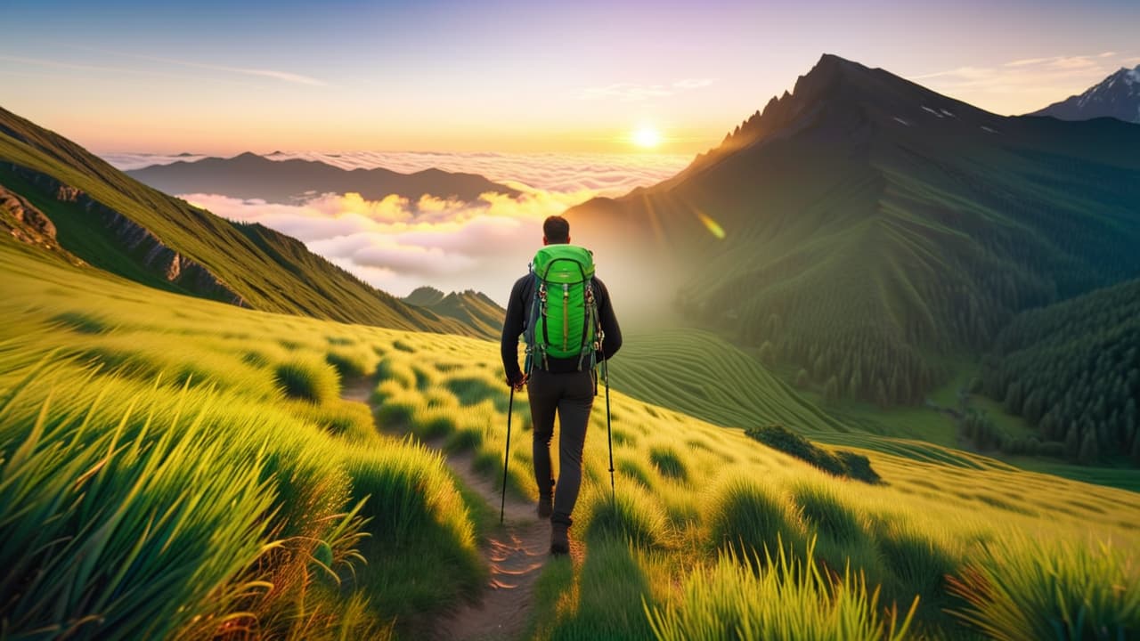  a serene mountain landscape at sunrise, featuring a diverse group of adults in their 40s, joyfully hiking with backpacks. lush green valleys, towering peaks, and a clear blue sky create an inviting atmosphere for adventure. hyperrealistic, full body, detailed clothing, highly detailed, cinematic lighting, stunningly beautiful, intricate, sharp focus, f/1. 8, 85mm, (centered image composition), (professionally color graded), ((bright soft diffused light)), volumetric fog, trending on instagram, trending on tumblr, HDR 4K, 8K