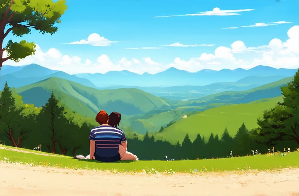  flat illustration, flaticon, (illustration:1.15), couple a man and a woman sit together bowing their heads on their shoulders and looking into the distance at a beautiful view relationships outdoor recreation dream travel family ar 3:2, [cory loftis, strobist, pascal campion :: 0.2]