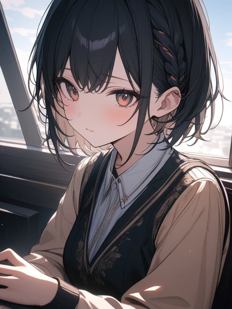  fox ear, hair tip blue, black hair, cute, virtual, short hair, braided ears, the cutest in the world, short hair, blue, tobacco, ill, dark, masterpiece, best quality,8k,ultra detailed,high resolution,an extremely delicate and beautiful,hyper detail