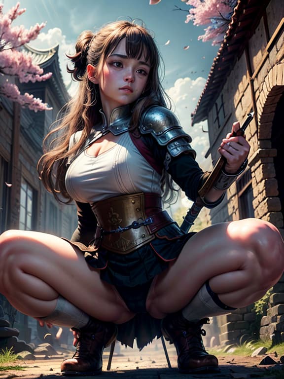  master piece, best quality, ultra detailed, highres, 4k.8k, old Caucasian ., Lifting her , squatting., Serious and determined., BREAK Defeated kingdom., Castle courtyard., Ruined pillars, fallen banners, tattered flag, broken sword., BREAK Somber and desolate., Soft sunlight casting long shadows, a few falling cherry blossoms., starry,strry light,night,colorful,cloud