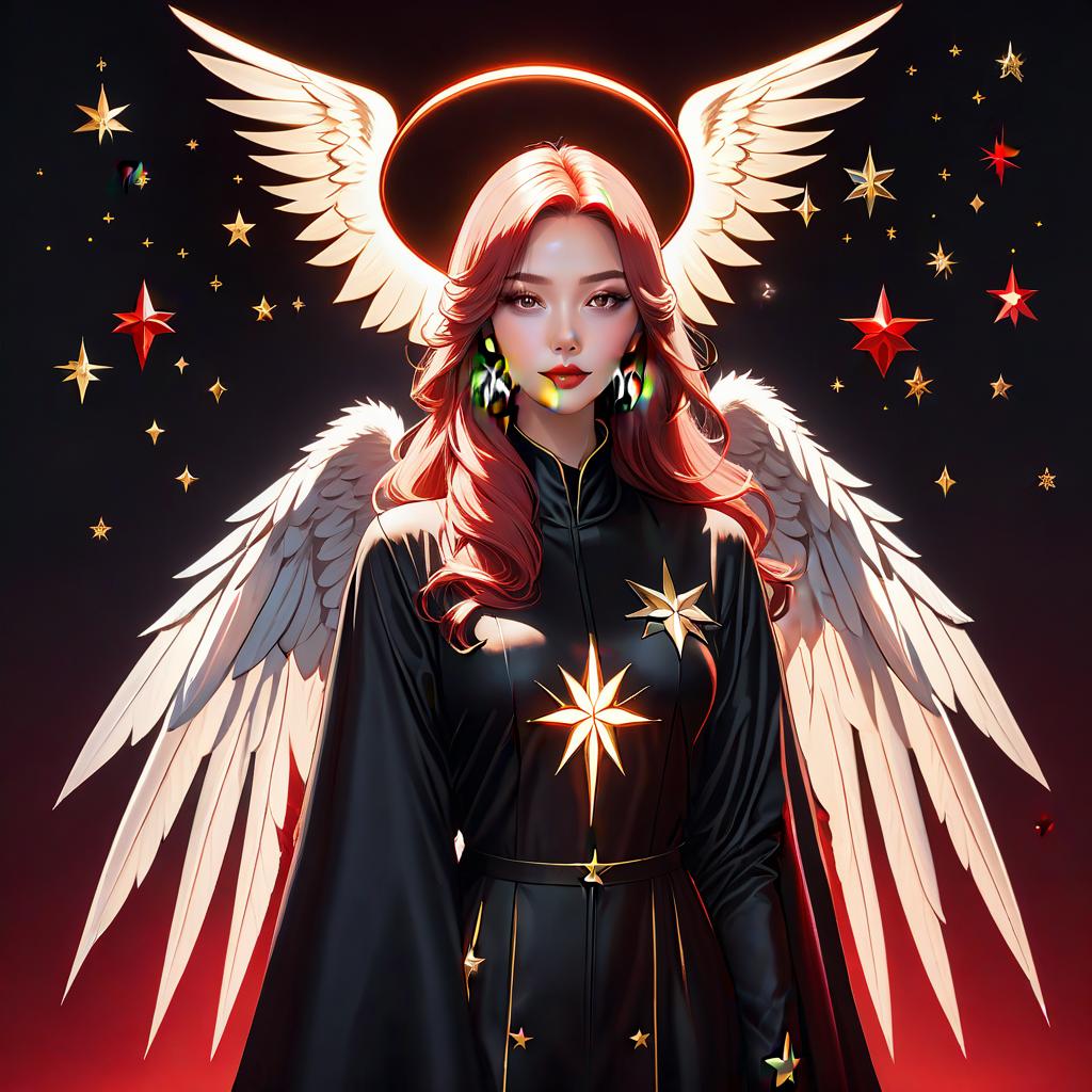  minimalist style black background with stars. there's an angel devil in the middle of an anonymous "benzopila man." girl. all the growth. the character will turn straight into the profile and look a little down. minimum style. digital art. red character. . simple, clean, uncluttered, modern, elegant hyperrealistic, full body, detailed clothing, highly detailed, cinematic lighting, stunningly beautiful, intricate, sharp focus, f/1. 8, 85mm, (centered image composition), (professionally color graded), ((bright soft diffused light)), volumetric fog, trending on instagram, trending on tumblr, HDR 4K, 8K