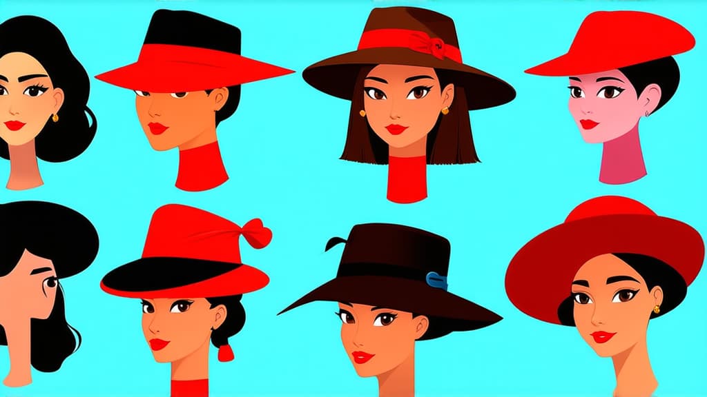  flat illustration, flaticon, (illustration:1.15), different beauty. set of different female heads in hats. different races and nationalities. colored hand drawn illustration ar 16:9, [cory loftis, strobist, pascal campion :: 0.2]