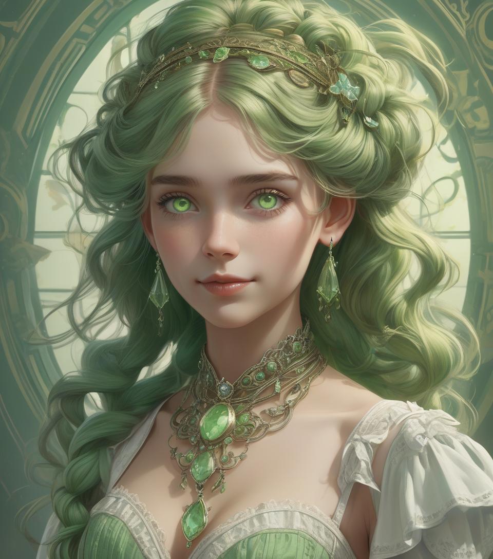  (8k 16k, raw photo, best quality, master:1.2), (realistic, photo realistic:1.37), ultra detailed, 1girl,solo, full body shot, green intricate braided hair, light green eyes, realistic, looking at viewer, happy, smile, masterpiece, realistic photography, by alphonse mucha, by wlop, ), (exaggerated perspectives), f/ 2.8, (surrealist style), visionary art, (trending on artstation) intricate victorian outfit, intricate jewelry, necklace, large earrings, full body, victorian boots,