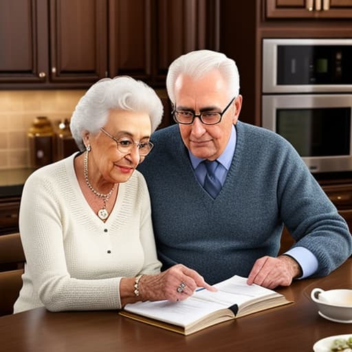  old couple sitting at the kitchen table going through monthly bills hyperrealistic, full body, detailed clothing, highly detailed, cinematic lighting, stunningly beautiful, intricate, sharp focus, f/1. 8, 85mm, (centered image composition), (professionally color graded), ((bright soft diffused light)), volumetric fog, trending on instagram, trending on tumblr, HDR 4K, 8K