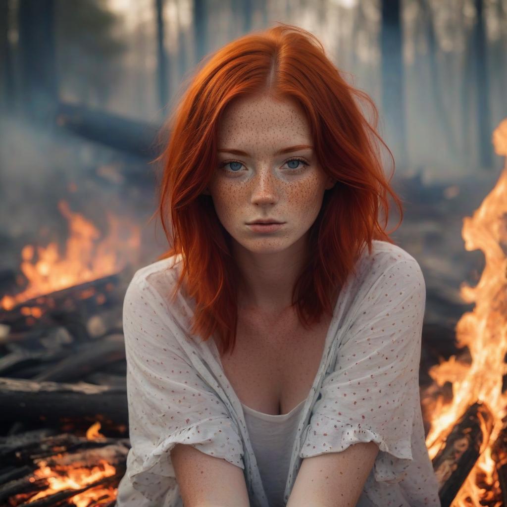  girl with red hair, freckles, burning in the fire