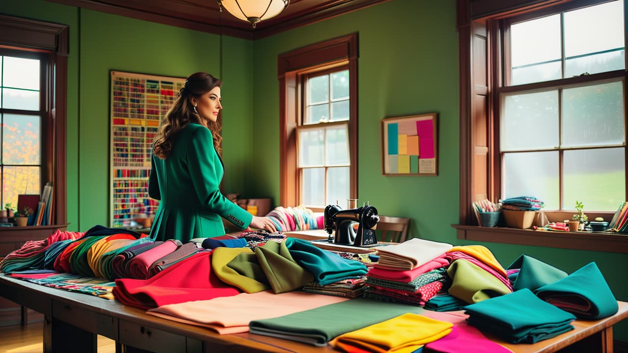  a vibrant workshop scene filled with colorful fabrics, sewing tools, and upcycled clothing creations. sunlight filters through a window, illuminating a person meticulously sewing patches onto a vintage jacket amidst a backdrop of inspiration boards. hyperrealistic, full body, detailed clothing, highly detailed, cinematic lighting, stunningly beautiful, intricate, sharp focus, f/1. 8, 85mm, (centered image composition), (professionally color graded), ((bright soft diffused light)), volumetric fog, trending on instagram, trending on tumblr, HDR 4K, 8K