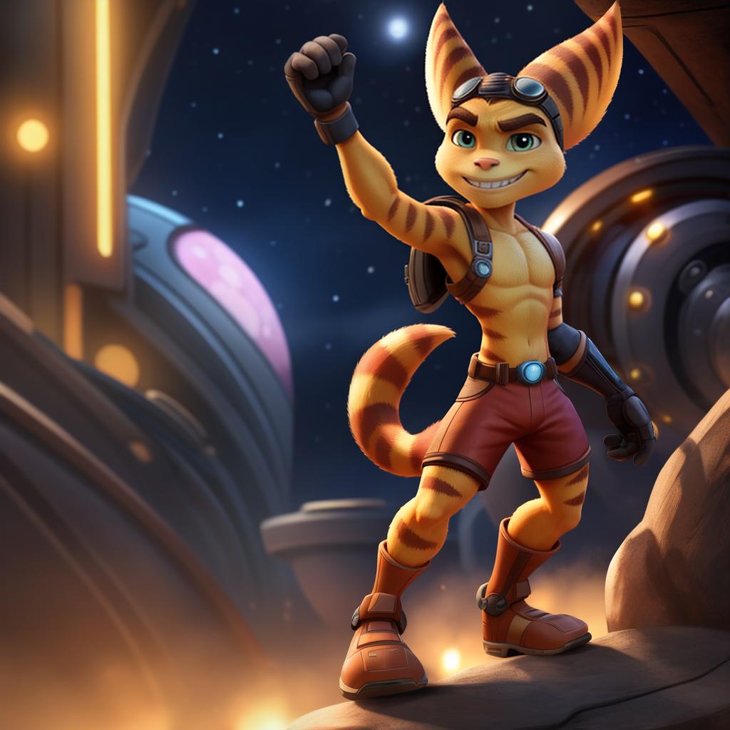  Male ratchet and clank (insomniac), full body, high quality resolution, open eyes, digital art, masterpiece, 4k, fine details,