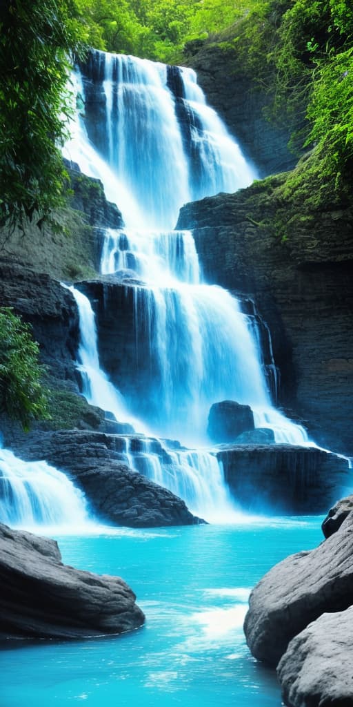  waterfall with strong blue and light blue colors with white water strong cyan colors