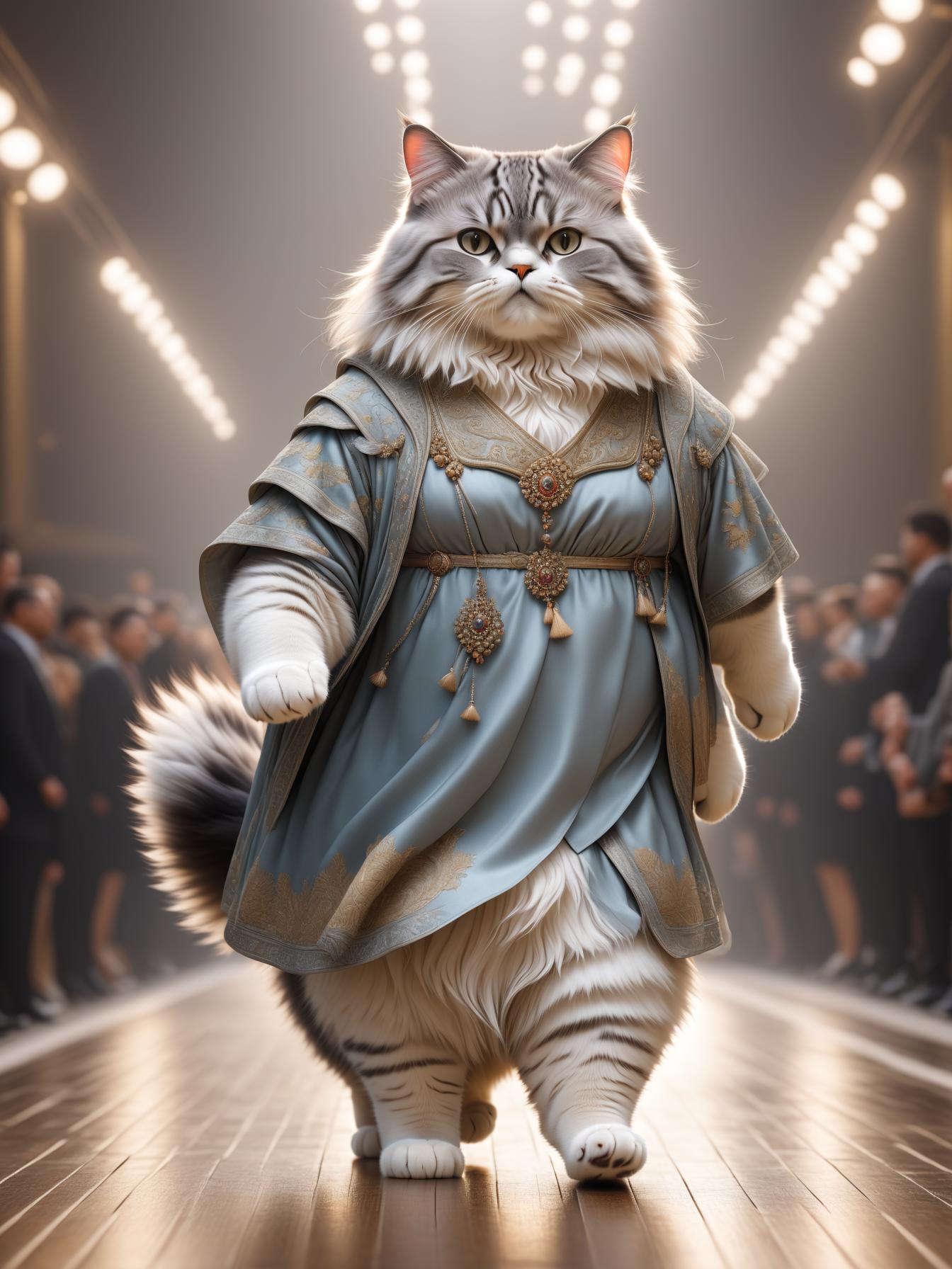  chubby cat, fashionable dress, walking on a runway, full body, realistic style, high quality, detailed fur texture, catwalk fashion show, trendy outfit, stylish pose, elegant catwalk, hyper detailed, realistic lighting, glamorous atmosphere, professional modeling, fashionable cat, 4k resolution, sharp details, ee 70mm lens, side view. "highly detailed photo, sharp details, best quality, 4k, raw photo" photo realistic, highly intricate and detailed, masterpiece, ultra high res,photography,8k resolution