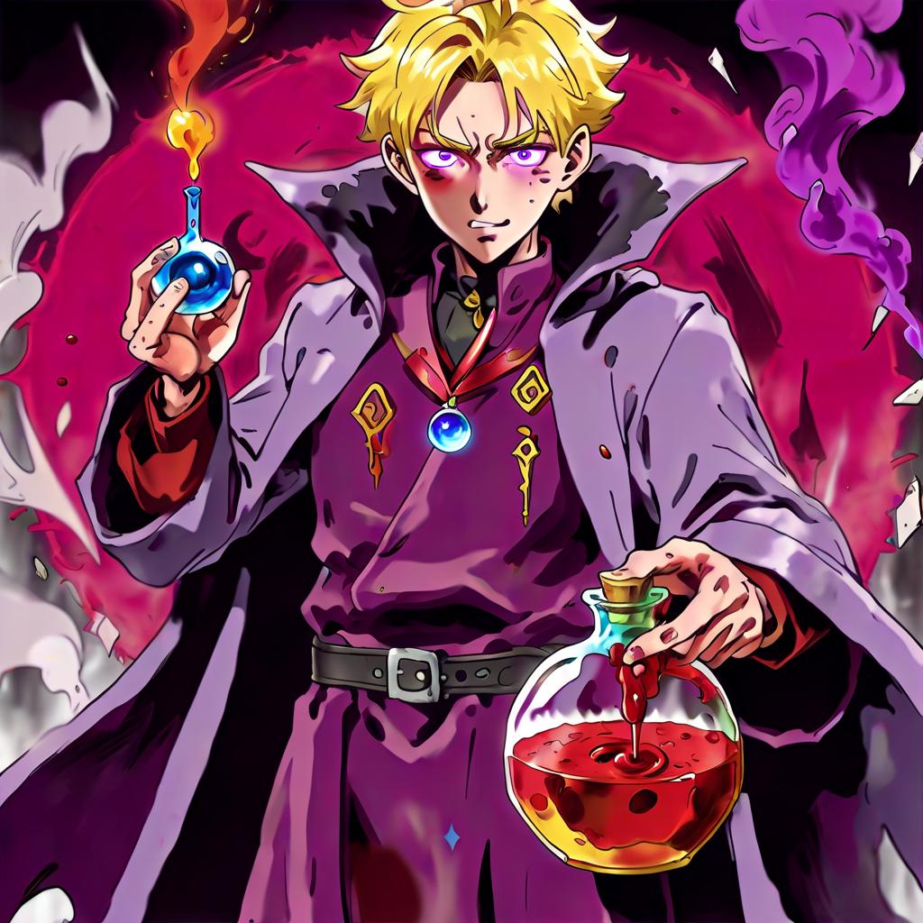  anime artwork the guy's eyes are gray blue, hair is blond, stands in a gray robe of a magician, rainbow potions on his belt, a bunch of f 1 grenades is thrown over his shoulder, in his hands he holds a potion of purple color inside which an eyeball floats and looks at the screen. there's an alchemical stand in the background, and there's a cauldron of red smoke coming out. his face is oval, his eye in the potion is yellow with a vertical pupil, his facial expression is pensive and his eyes look at the potion. . anime style, key visual, vibrant, studio anime, highly detailed, hkmagic