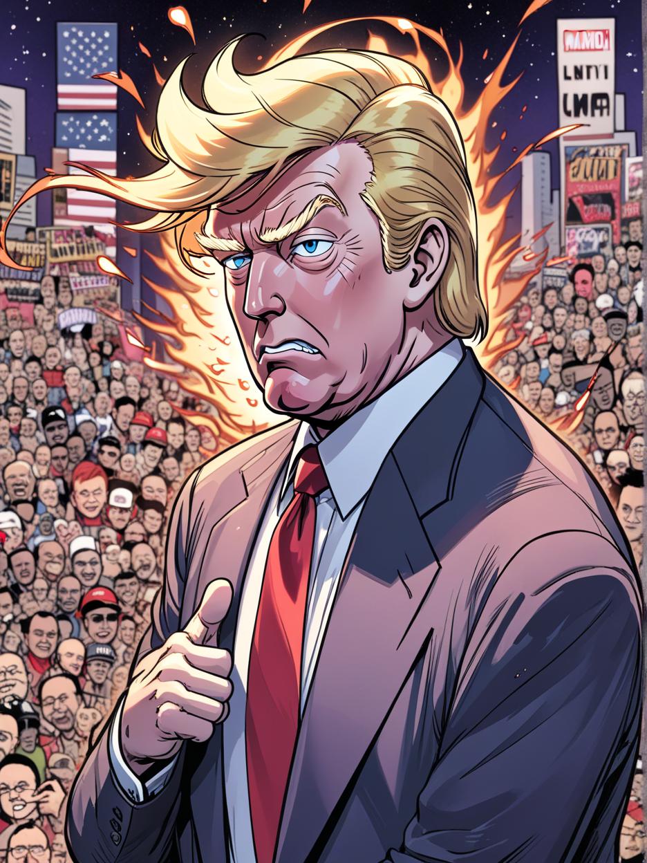  manga artwork generate me a picture of donald trump in anime form. manga artist. manga, highly emotional. best quality, high resolution