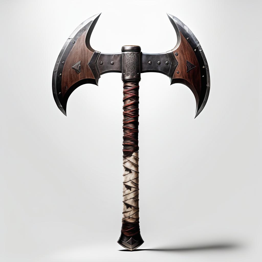  combat two handed axe, fully visible, aggressive wild look, white background