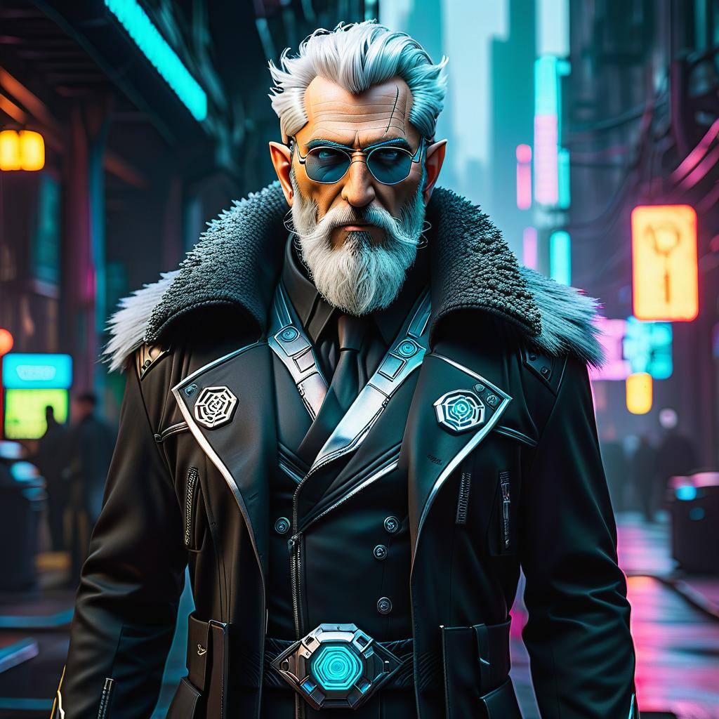  cyberpunk game style full grown kind old elf brawler with nodati and lighting in cyberpank style, black coat, silver hair, beard . neon, dystopian, futuristic, digital, vibrant, detailed, high contrast, reminiscent of cyberpunk genre video games hyperrealistic, full body, detailed clothing, highly detailed, cinematic lighting, stunningly beautiful, intricate, sharp focus, f/1. 8, 85mm, (centered image composition), (professionally color graded), ((bright soft diffused light)), volumetric fog, trending on instagram, trending on tumblr, HDR 4K, 8K