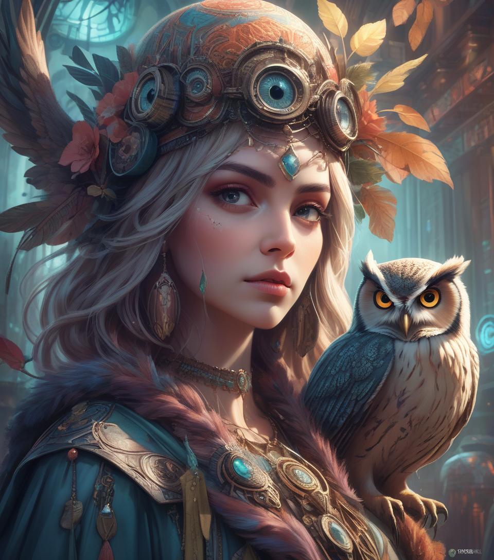  concept art a close up of a woman with a hat and owl, beautiful fantasy art portrait, beautiful fantasy portrait, very beautiful fantasy art, digital art fantasy art, beautiful fantasy art, cyberpunk angry gorgeous druid, colorfull digital fantasy art, digital art fantasy, digital fantasy art ), with an owl on her shoulder, psytrance artwork, amazing fantasy art, highly detailed fantasy art . digital artwork, illustrative, painterly, matte painting, highly detailed