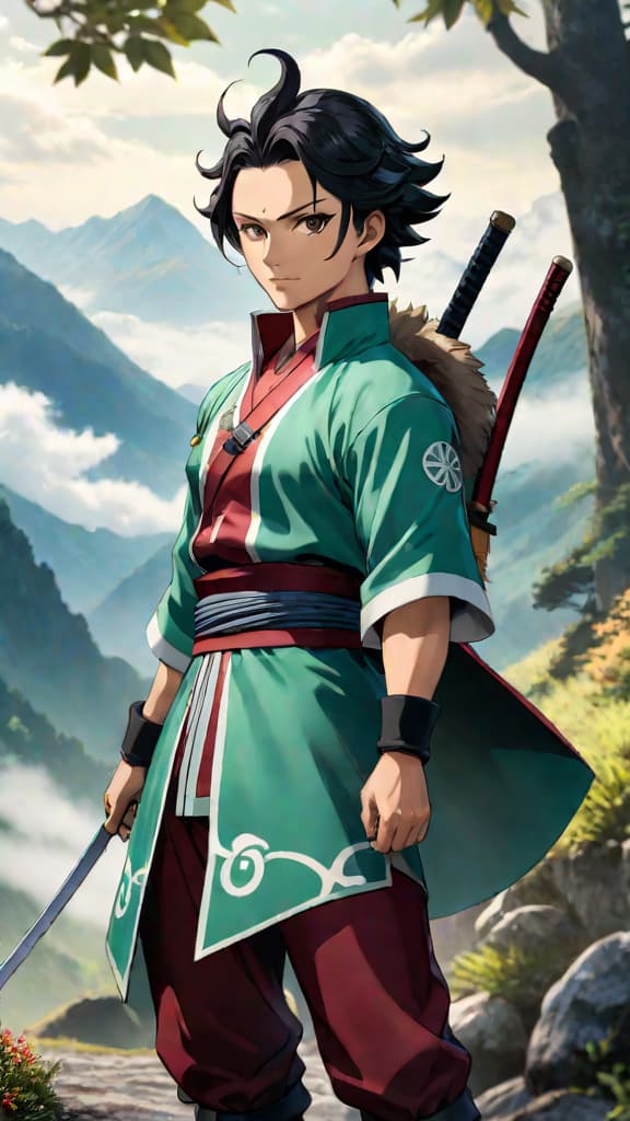  tanjiro kamado from demon slayer standing in the mountains with a determined look, anime art hyperrealistic, full body, detailed clothing, highly detailed, cinematic lighting, stunningly beautiful, intricate, sharp focus, f/1. 8, 85mm, (centered image composition), (professionally color graded), ((bright soft diffused light)), volumetric fog, trending on instagram, trending on tumblr, HDR 4K, 8K