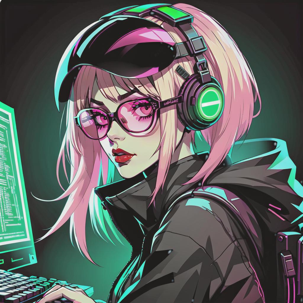  line art drawing extreme closeup of stunning female cyberpunk hacker, straight cut two tone hair, black with pink highlights, bangs, futuristic glasses or visor, dark eyeshadow, red lips, looking at an unseen computer screen, her glasses reflecting green mirrored, reversed ascii analog text on a black background, perfect composition, realistic photographic image, raw photo highest quality, perfect directional lighting, same nightmare. anime style . professional, sleek, modern, minimalist, graphic, line art, vector graphics