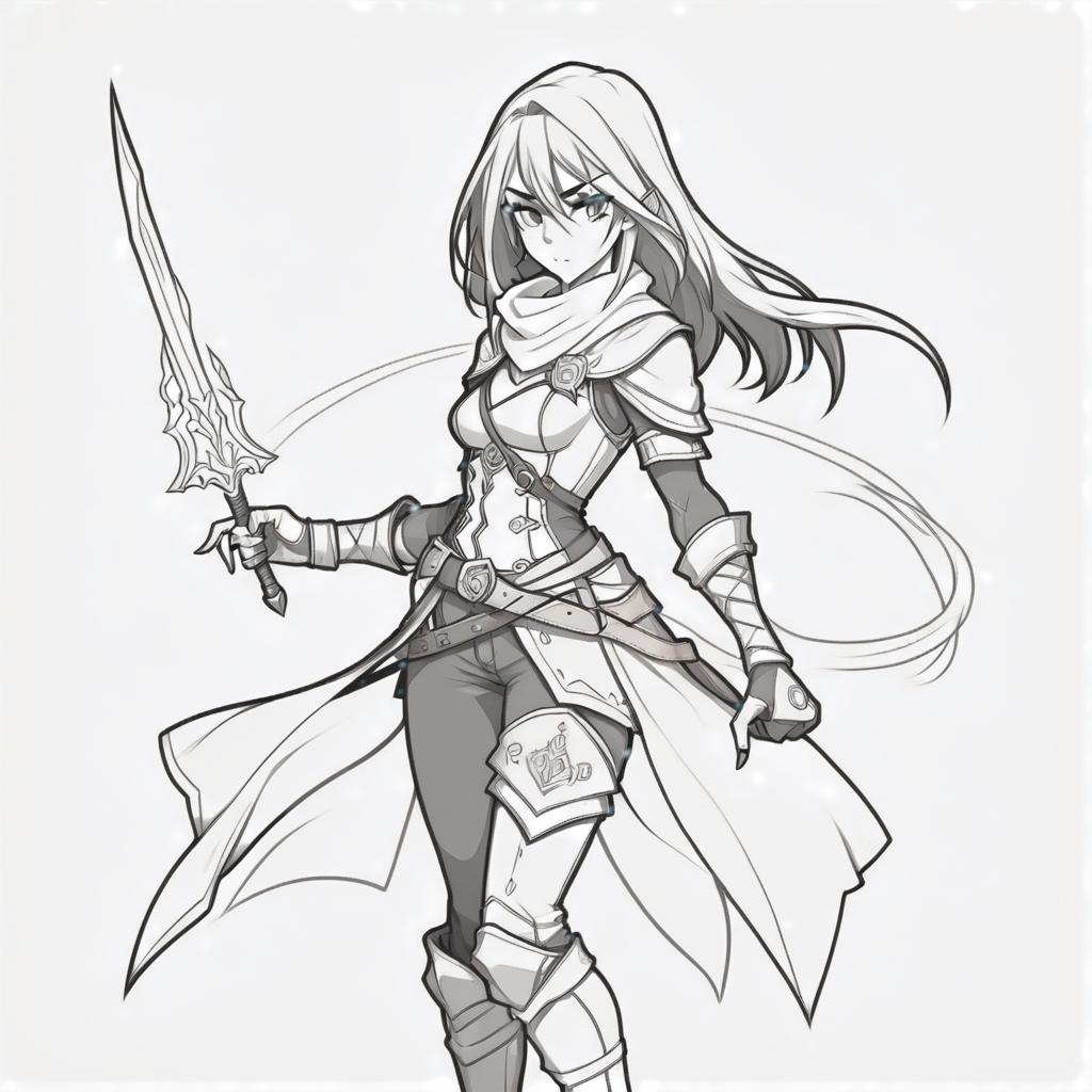  line art drawing dnd rogue girl, battle stance, same nightmare. anime style . professional, sleek, modern, minimalist, graphic, line art, vector graphics