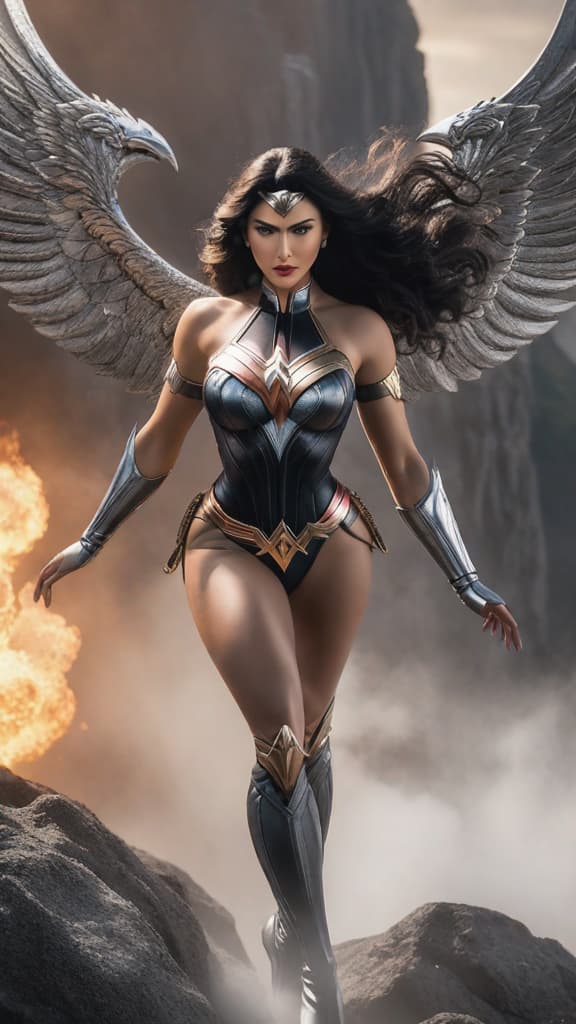  full body photorealistic beautiful black darna.. wearing black and silver..in action hyperrealistic, full body, detailed clothing, highly detailed, cinematic lighting, stunningly beautiful, intricate, sharp focus, f/1. 8, 85mm, (centered image composition), (professionally color graded), ((bright soft diffused light)), volumetric fog, trending on instagram, trending on tumblr, HDR 4K, 8K