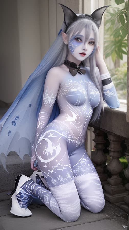  silver and blue bat pattern body paint in every corner of the body, Grey body paint all over the body, White face paint on the face, Two dark elfs, full body image 女性