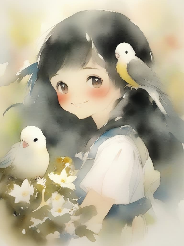  a masterpiece,a maid with a cockatiel on her side,medium black hair,cute,smiling,