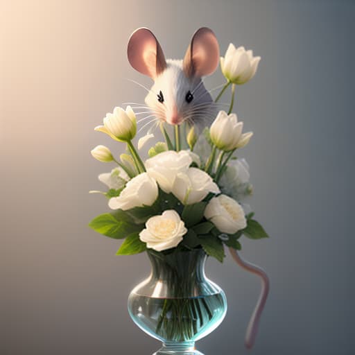  the mouse leans on a vase of flowers and reaches full length to the buds hyperrealistic, full body, detailed clothing, highly detailed, cinematic lighting, stunningly beautiful, intricate, sharp focus, f/1. 8, 85mm, (centered image composition), (professionally color graded), ((bright soft diffused light)), volumetric fog, trending on instagram, trending on tumblr, HDR 4K, 8K