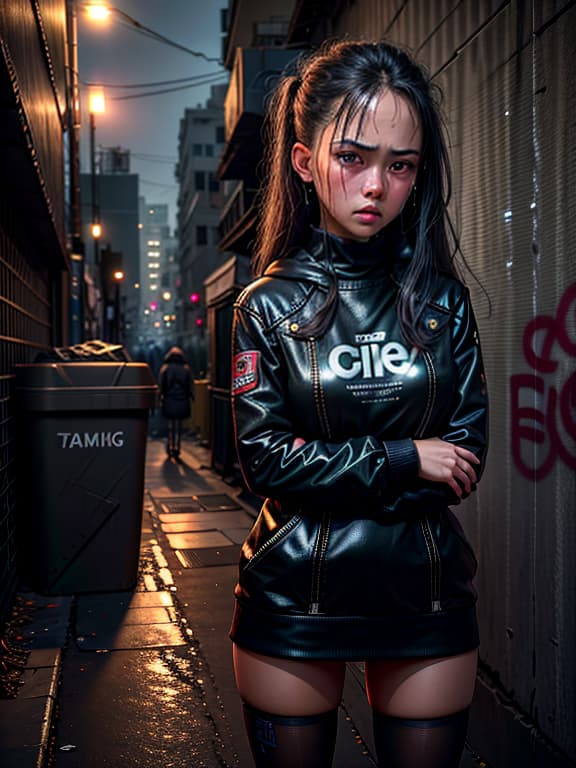  master piece, best quality, ultra detailed, highres, 4k.8k, Girl., Feeling uncomfortable, resisting, crying, ashamed., Frightened., BREAK Innocent girl experience., Dark alley., Trash cans, street lights, graffiti., BREAK Dark and ominous., Dim lighting, ominous shadows, fog., cyberpunk city