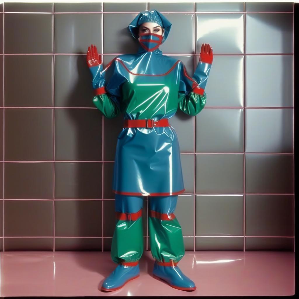  "hyperdetalisation, woman, mistress surgeon, in dressed three color surgical suit, made of glossy latex, standing alone, full length, front view, full face, dressed in, surgical gown, knee length, with elastic waistband, long sleeves, with elastic cuffs, upper part of surgical gown, (from collar to waist), glossy latex dark green, belt at waist, glossy latex red, lower part of surgical gown, (from hem to waist), glossy latex dark blue, in the center of the surgical gown there is an emblem in the form of surgical forceps "burdizzo", upper part of sleeve, (from shoulder to elbow), glossy latex dark blue, lower part of sleeve, (from elbow to cuff), glossy latex dark green, cuffs on sleeve, glossy latex red, (bib with collar), made of glossy d