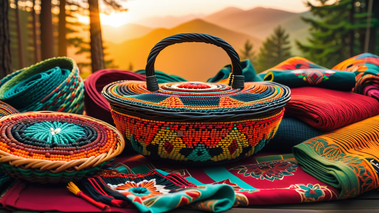  a vibrant collage showcasing intricate beadwork from various cultures: native american patterns, african tribal designs, south asian embroidery, and eastern european folk art, displayed on colorful fabrics and woven baskets, rich in texture and detail. hyperrealistic, full body, detailed clothing, highly detailed, cinematic lighting, stunningly beautiful, intricate, sharp focus, f/1. 8, 85mm, (centered image composition), (professionally color graded), ((bright soft diffused light)), volumetric fog, trending on instagram, trending on tumblr, HDR 4K, 8K