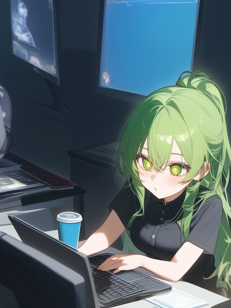  one girl, ai game commentator, lens in the eyes, white hair, green hair, cyberless, pc games