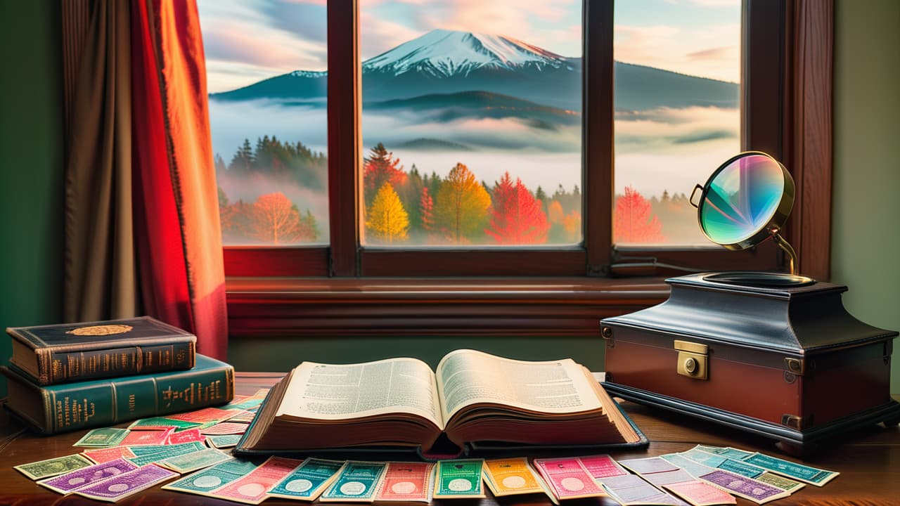  a close up of a vintage wooden desk covered in colorful, rare stamps, a magnifying glass, and a leather bound album, with soft natural light filtering through a nearby window, creating a warm, inviting atmosphere. hyperrealistic, full body, detailed clothing, highly detailed, cinematic lighting, stunningly beautiful, intricate, sharp focus, f/1. 8, 85mm, (centered image composition), (professionally color graded), ((bright soft diffused light)), volumetric fog, trending on instagram, trending on tumblr, HDR 4K, 8K